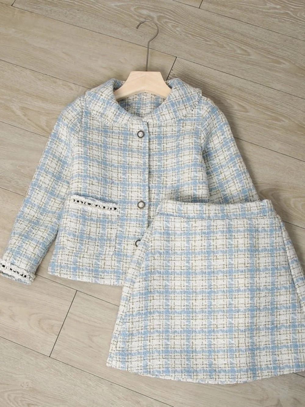 Girls' Cream & Light Blue Plaid Tweed Jacket and Skirt Set